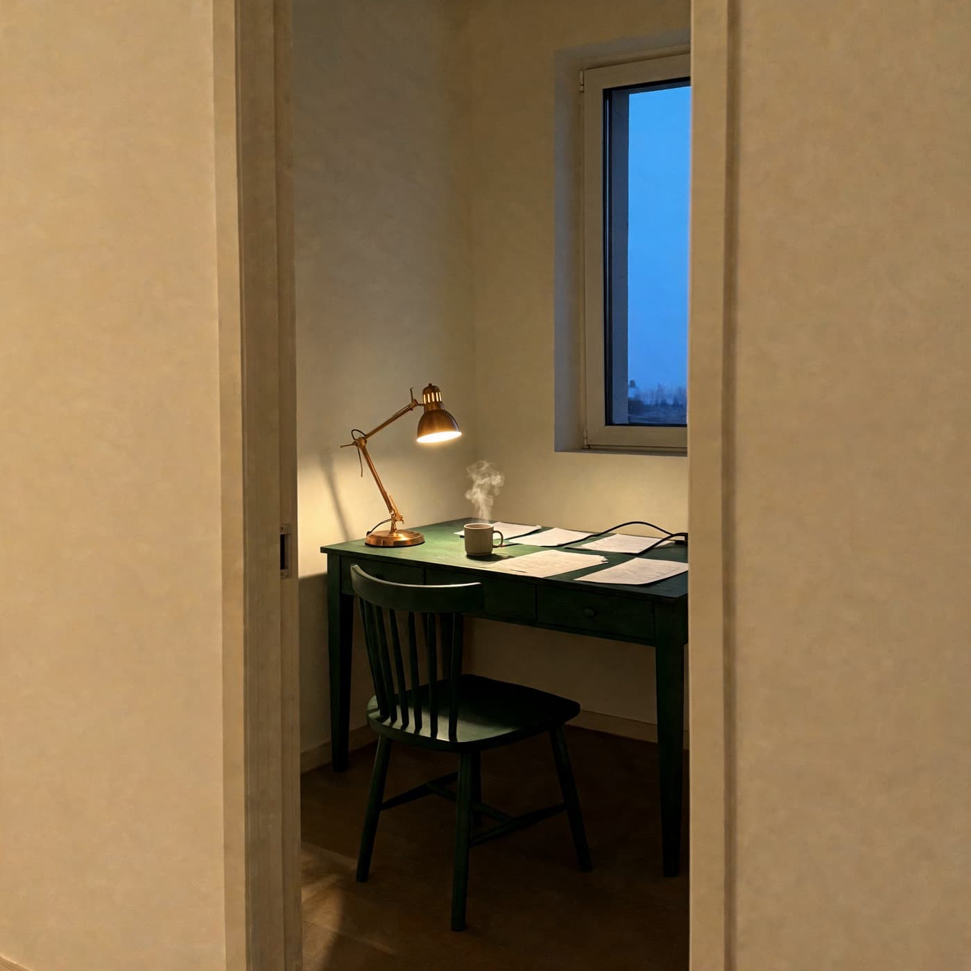 A lit desk seen through a doorway, chair pushed back, a cup still steaming, nobody in the room.